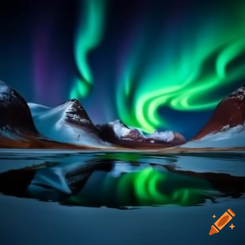 Northern lights over snow-covered mountains at night with vibrant colors