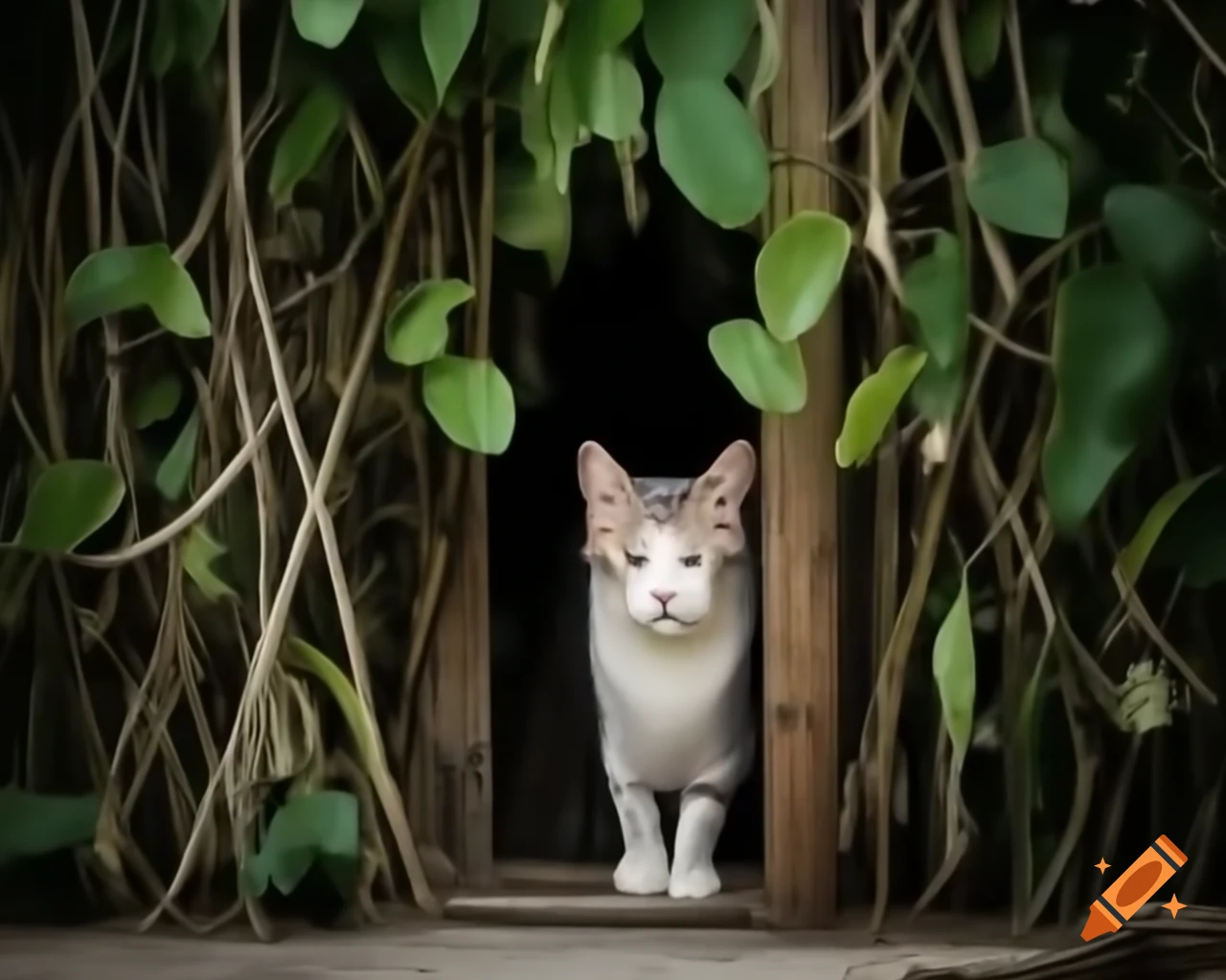 Cat cautiously approaching lion in a narrative scene