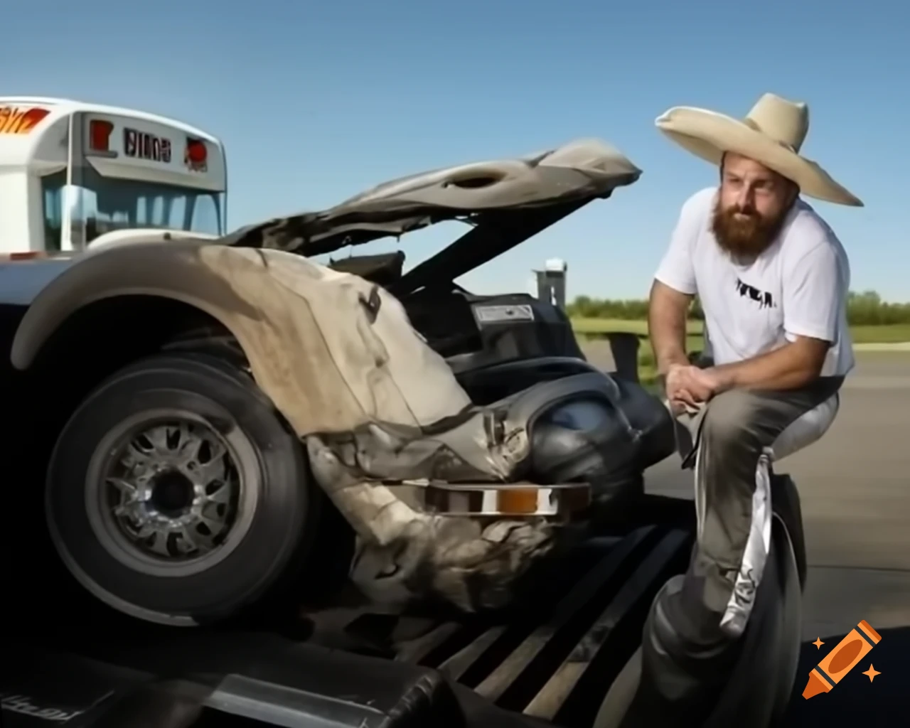 Confident bearded man in sombrero driving heavy truck during crash with bus