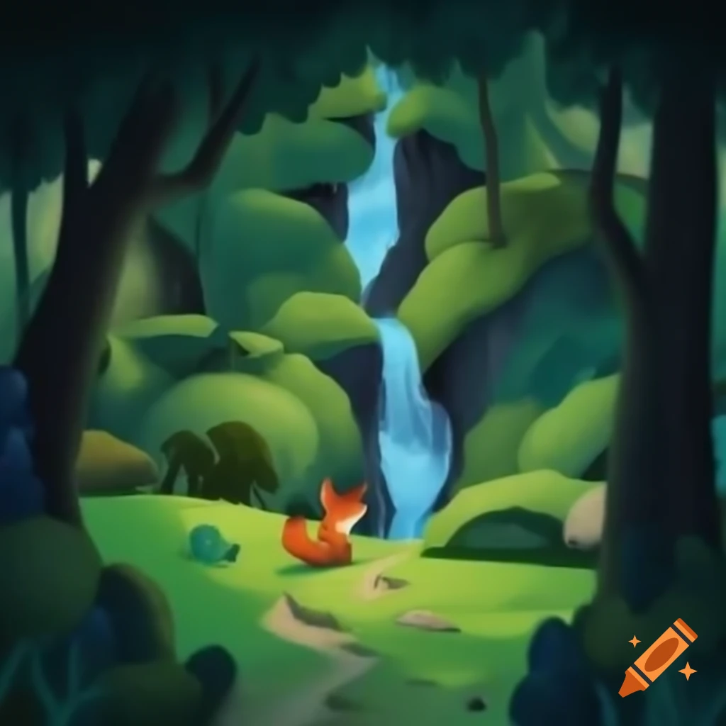Forest path with waterfall and fox sitting on a stone