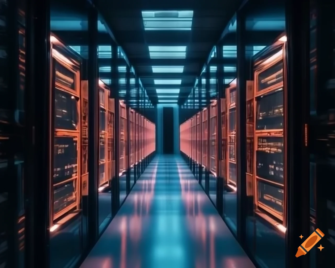 Servers in a cloud resembling a cityscape in orange and dark blue