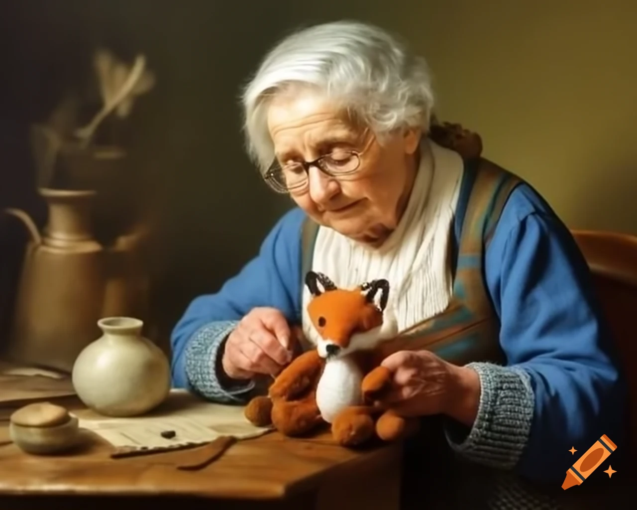 Old woman knitting a stuffed fox