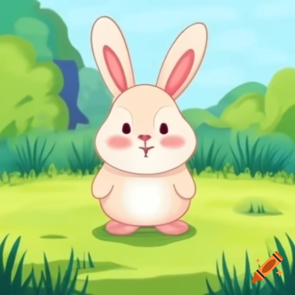 Happy bunny standing on two feet in grass on sunny day