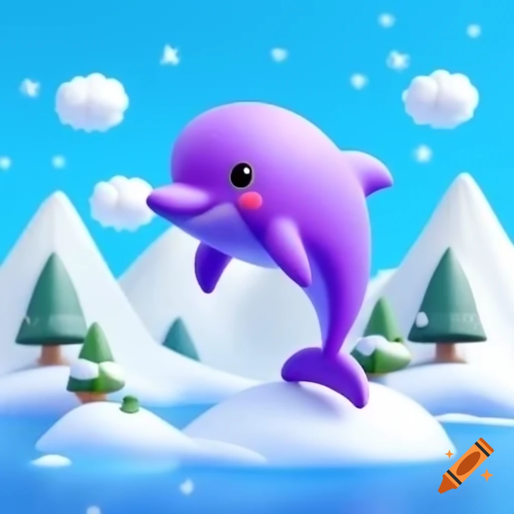 Cartoon purple dolphin in snowy mountains