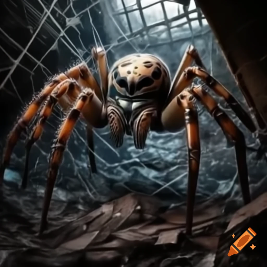 Gigantic spider weaving web in a ruined house setting