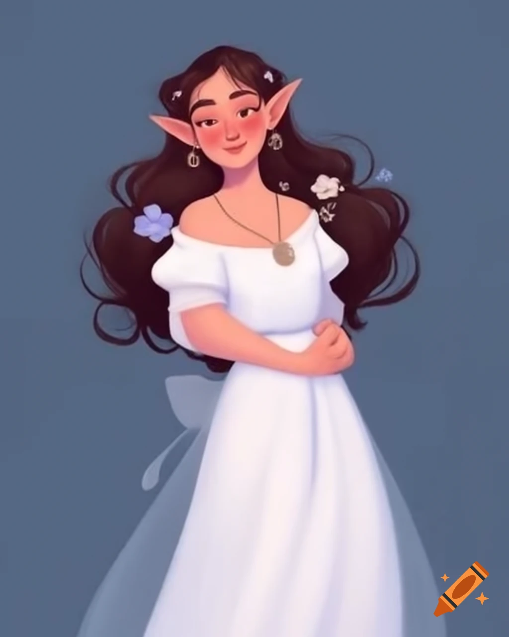Portrait of female elf with brunette hair and floral dress on Craiyon