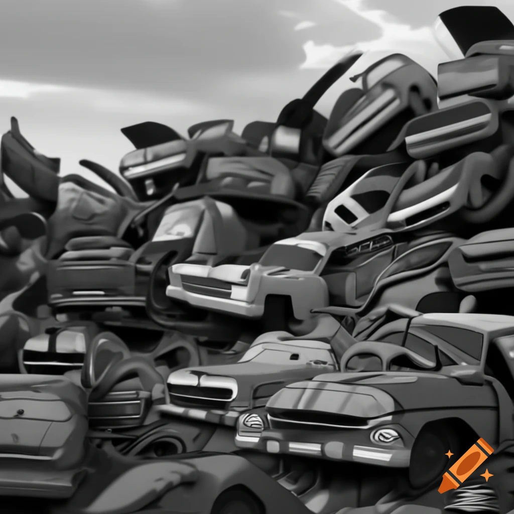 Cartoon-style junkyard filled with broken cars in black and white on ...