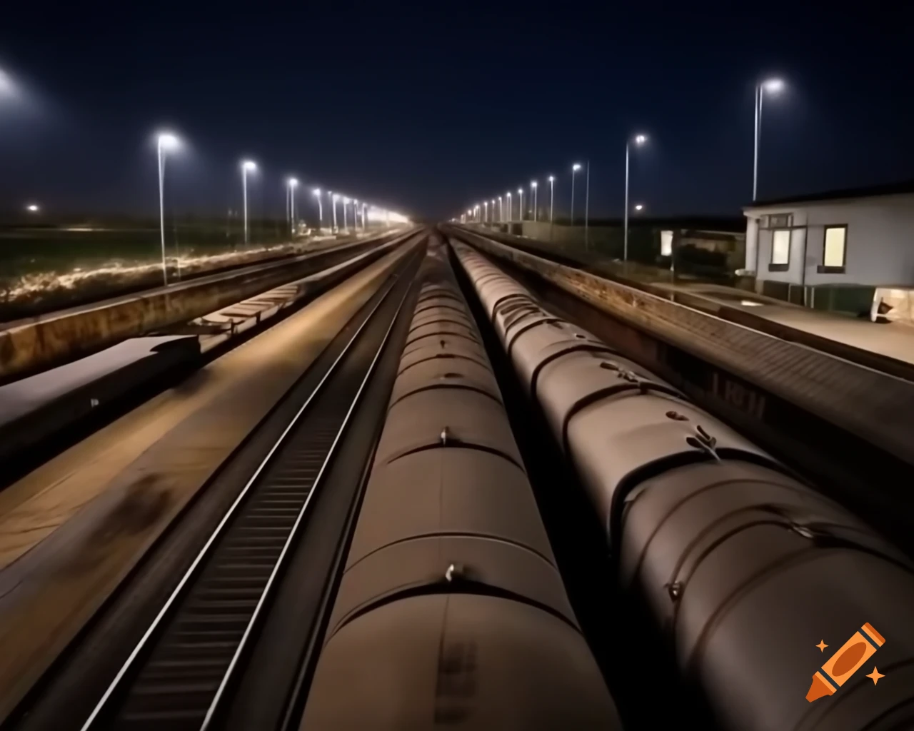 Bustling railway shunting yard at night with trains connecting freight wagons