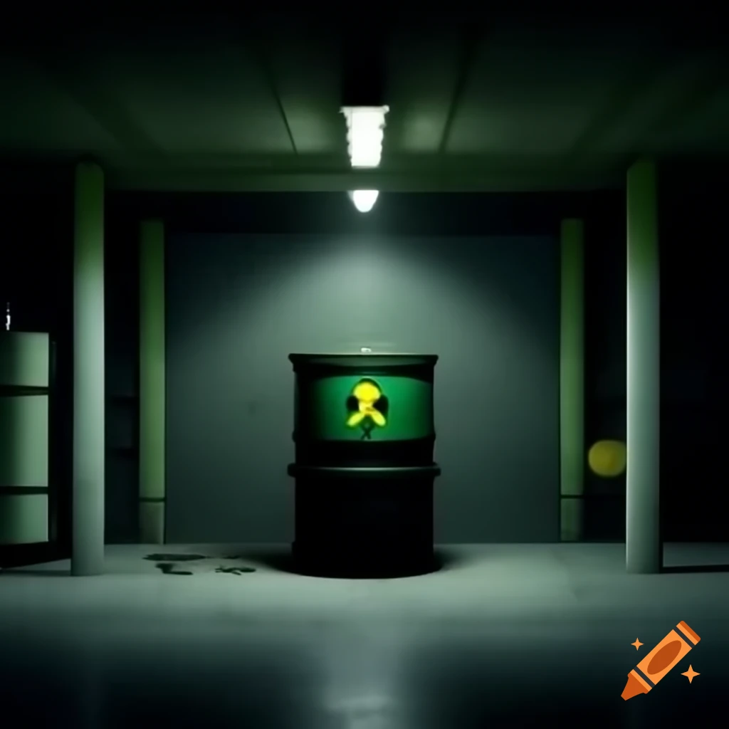 Dark basement with large black barrel of green radioactive waste