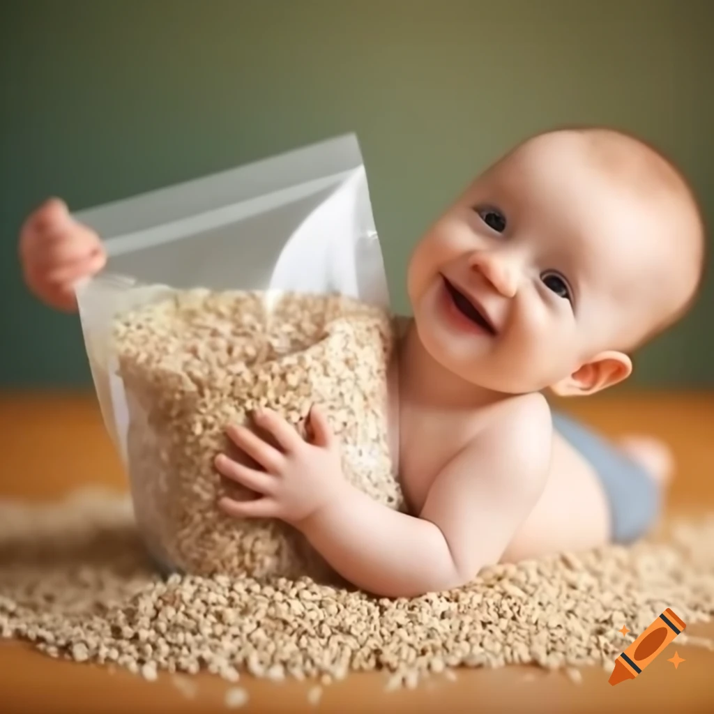 Happy baby reaching for an oats packet