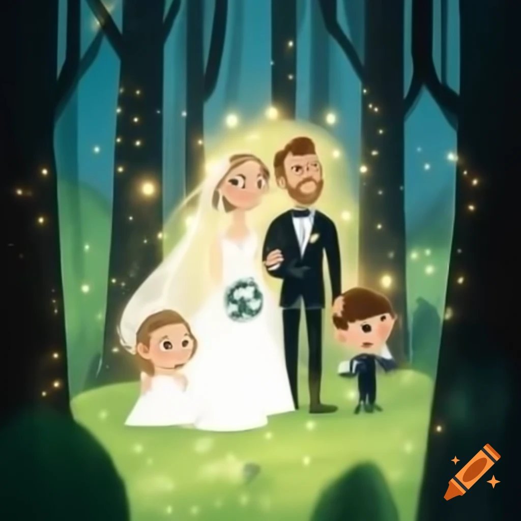 Bride and groom with parents in forest adorned with tiny lights, animated style