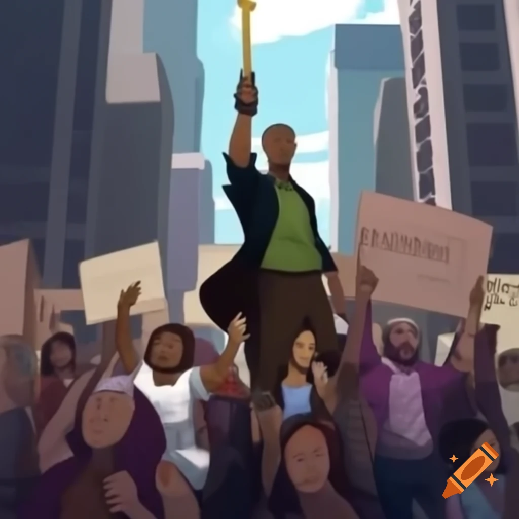 Diverse people protesting for justice and human rights in modern city