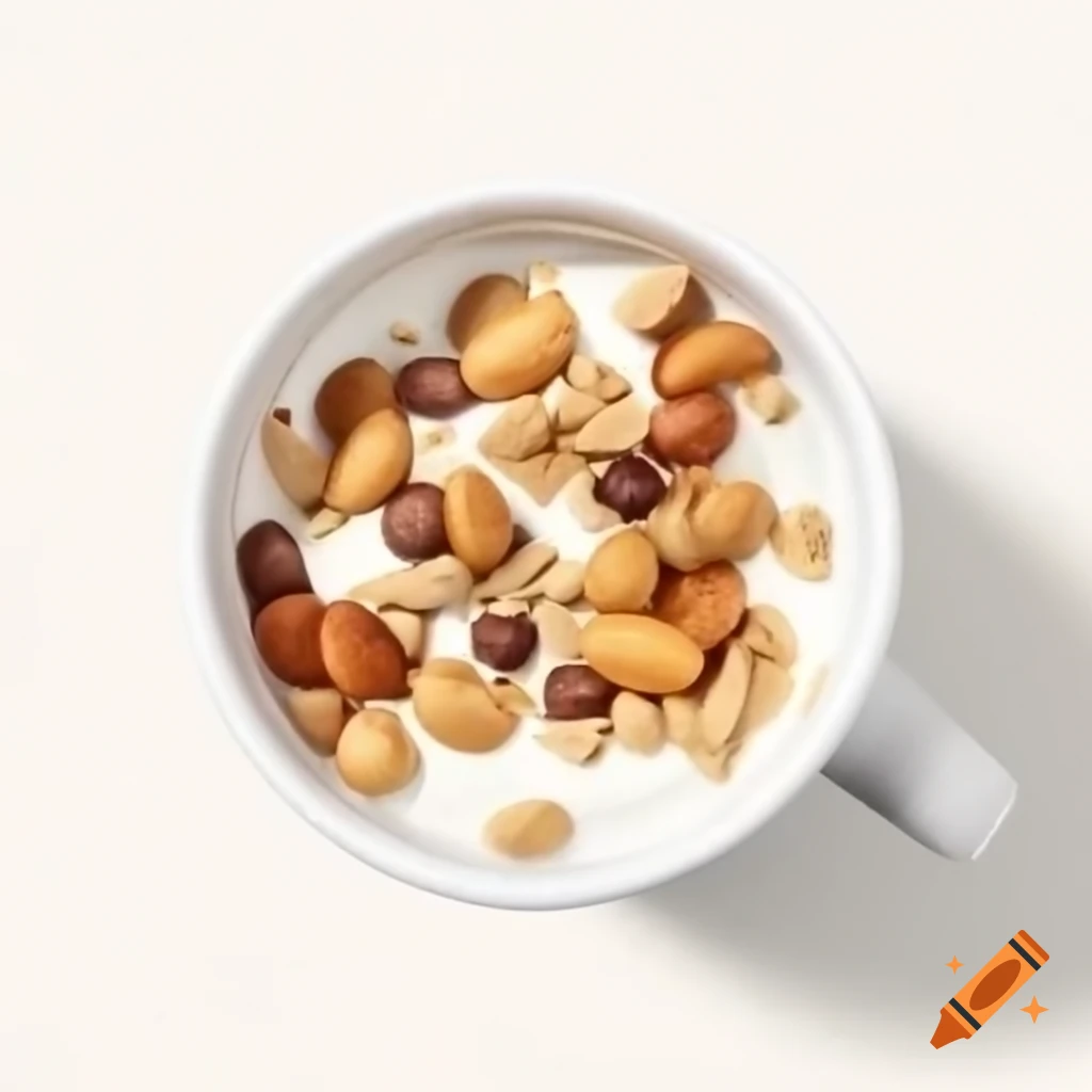 Bowl of non-fat Greek yogurt topped with mixed nuts, peanut butter, and fruit