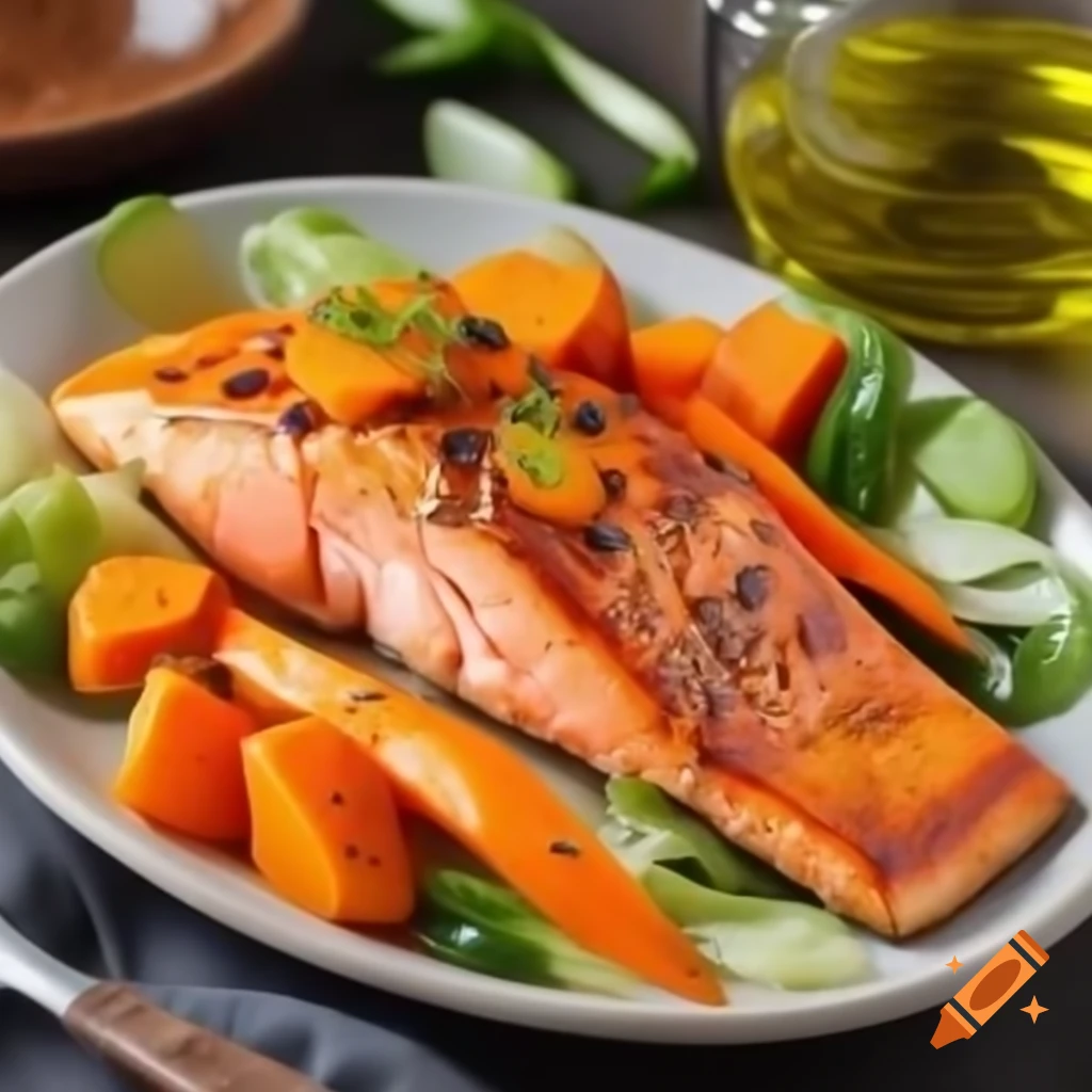 Grilled salmon with sweet potato and steamed vegetables