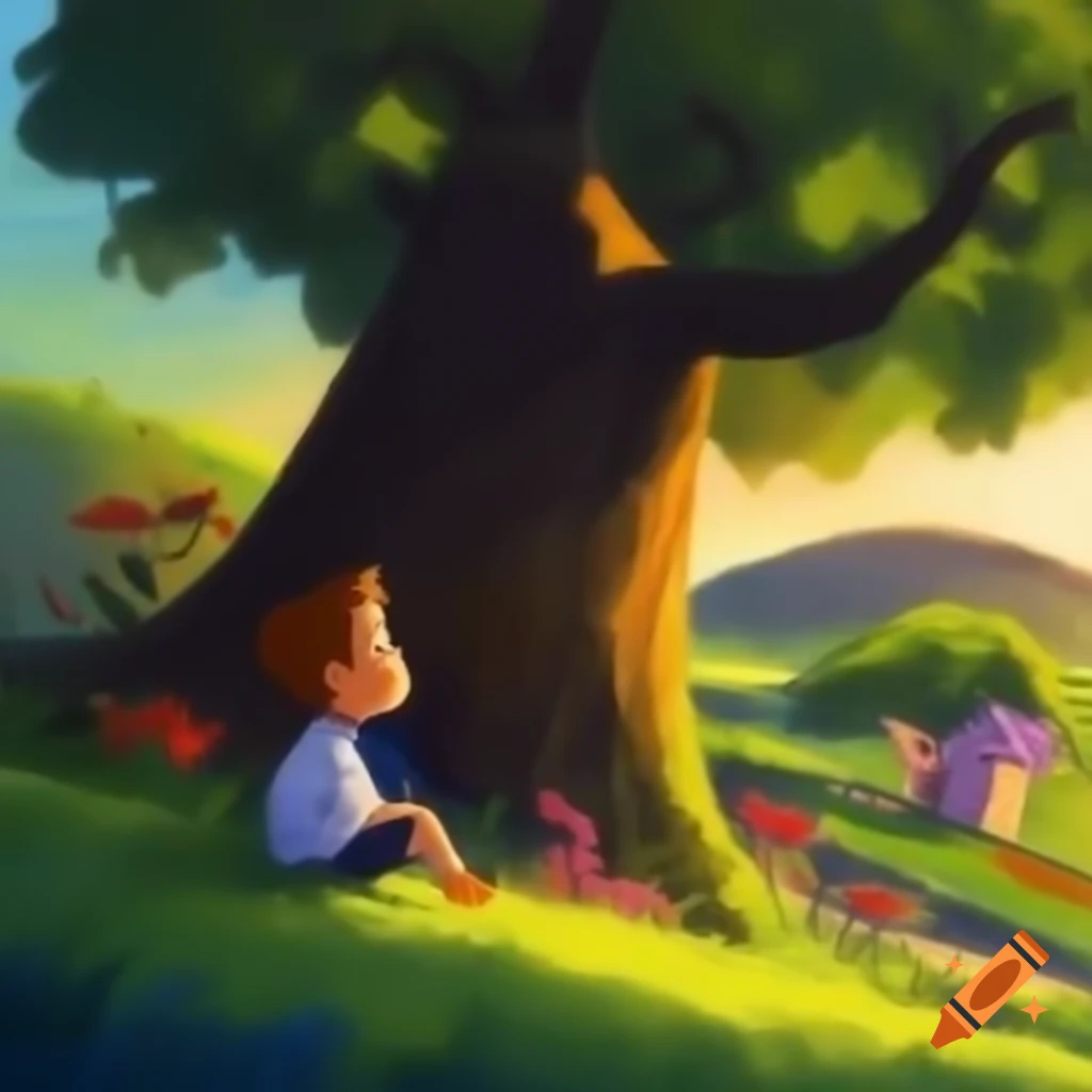 Boy sitting under large tree admiring its beauty