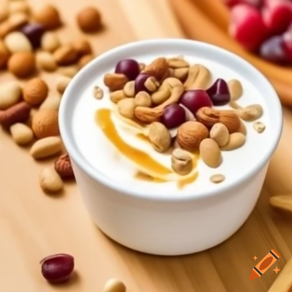 Healthy snack of non-fat Greek yogurt with nuts, peanut butter, and fruit