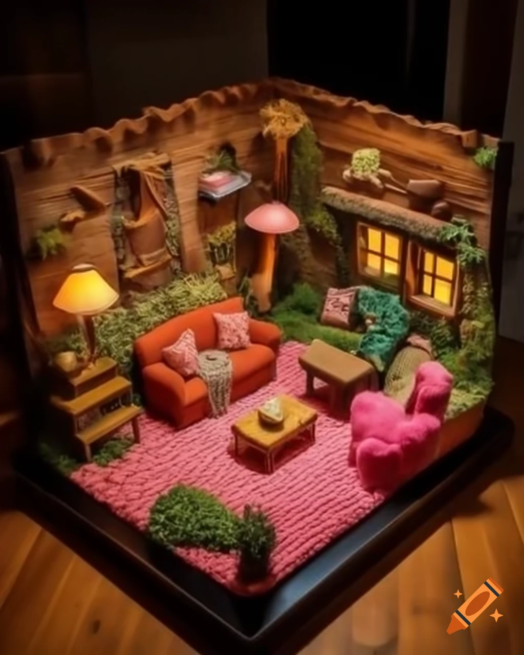 Cozy mushroom house diorama with vibrant living area and rustic decor ...
