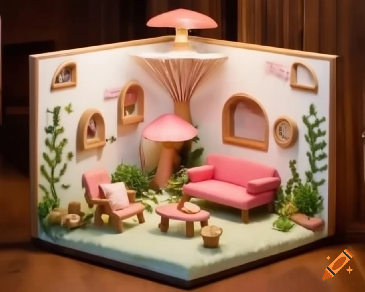 Miniature mushroom house interior diorama with pink sofa and wooden decor