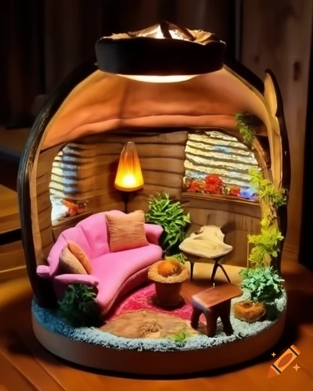 Cozy mushroom house diorama with vibrant living area and rustic decor ...