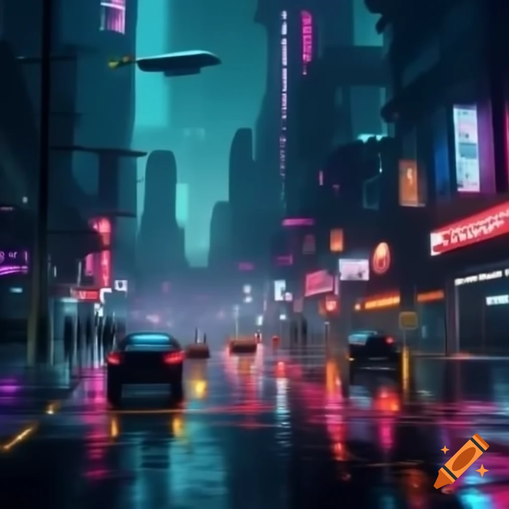 Futuristic cityscape at night with neon lights and flying cars