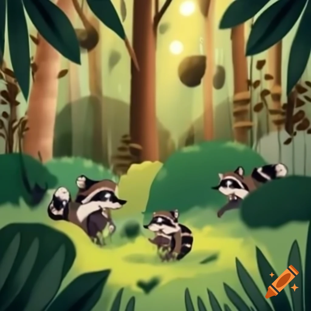 Woodlands inhabited by cheerful raccoons
