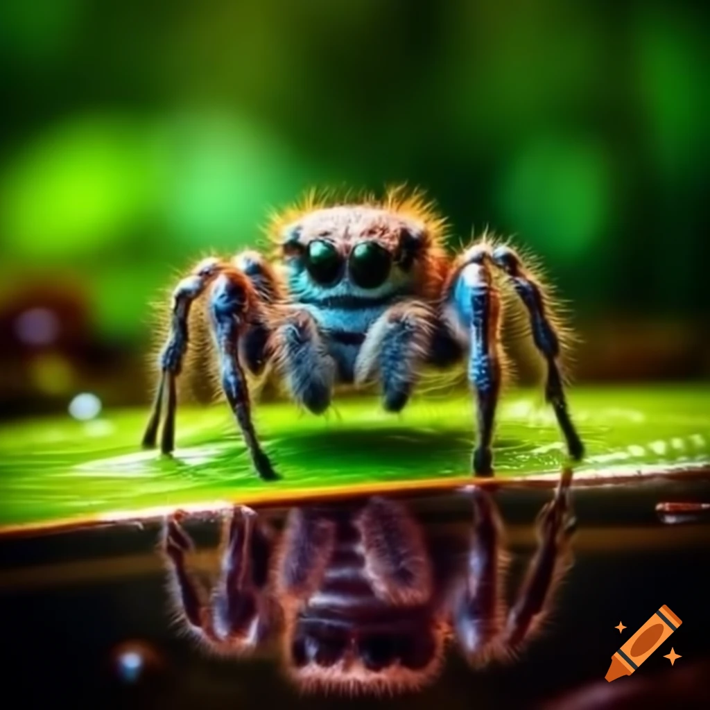 Close-up of jumping spider on leaf with water droplet in blurred forest  background on Craiyon, image size:1024x1024