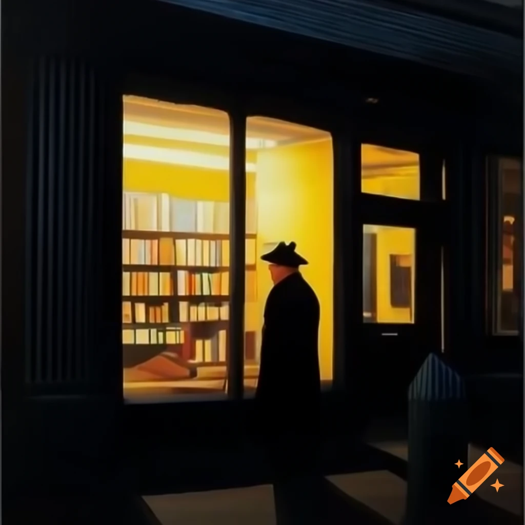 Evening bookstore window illuminated by yellow light, man in hat and coat smoking
