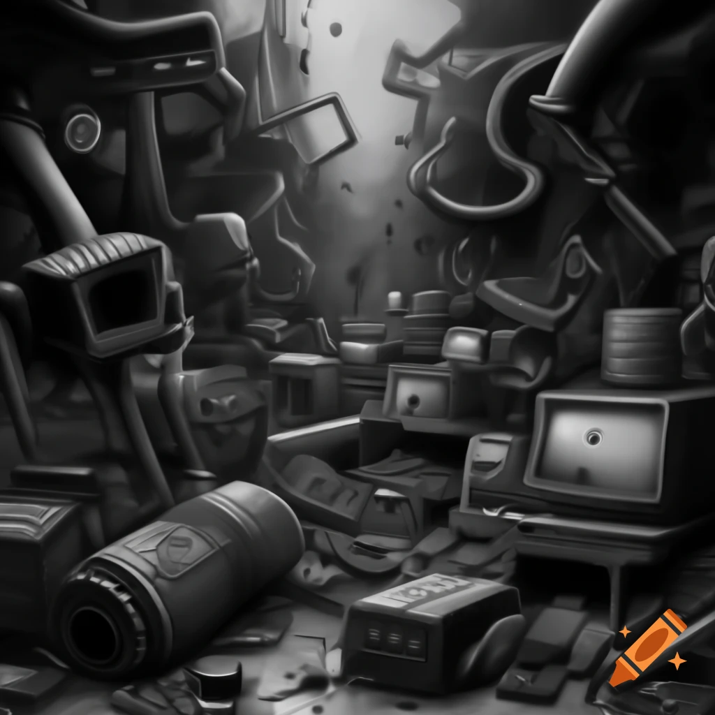 Computer Junk Art Cartoon-style illustration of a junkyard with broken robots and ...