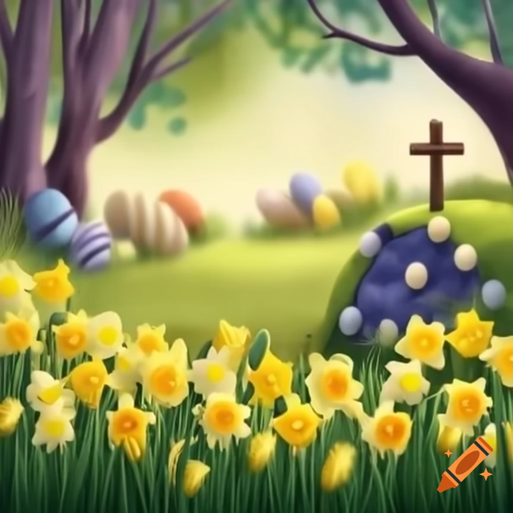 Easter scene featuring daffodils and a cross