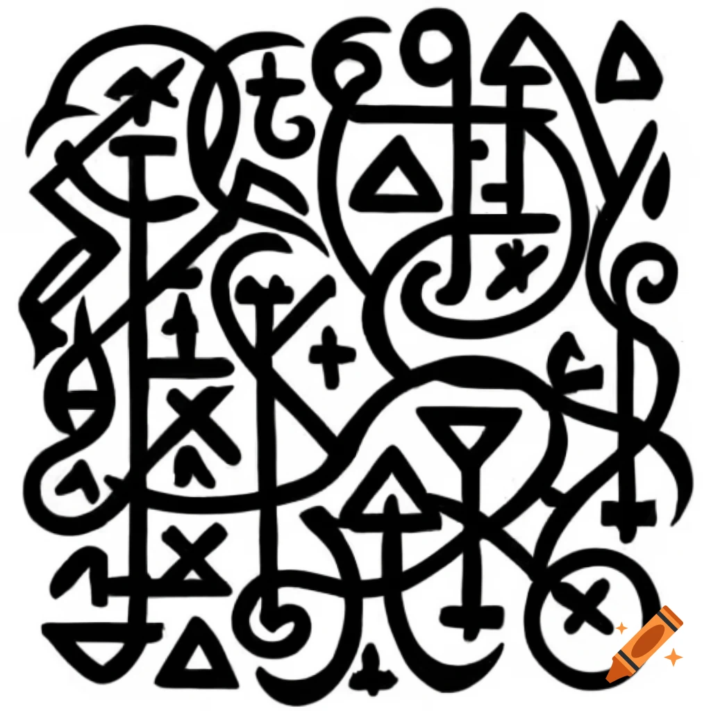 Black-and-white line art of mystic runes