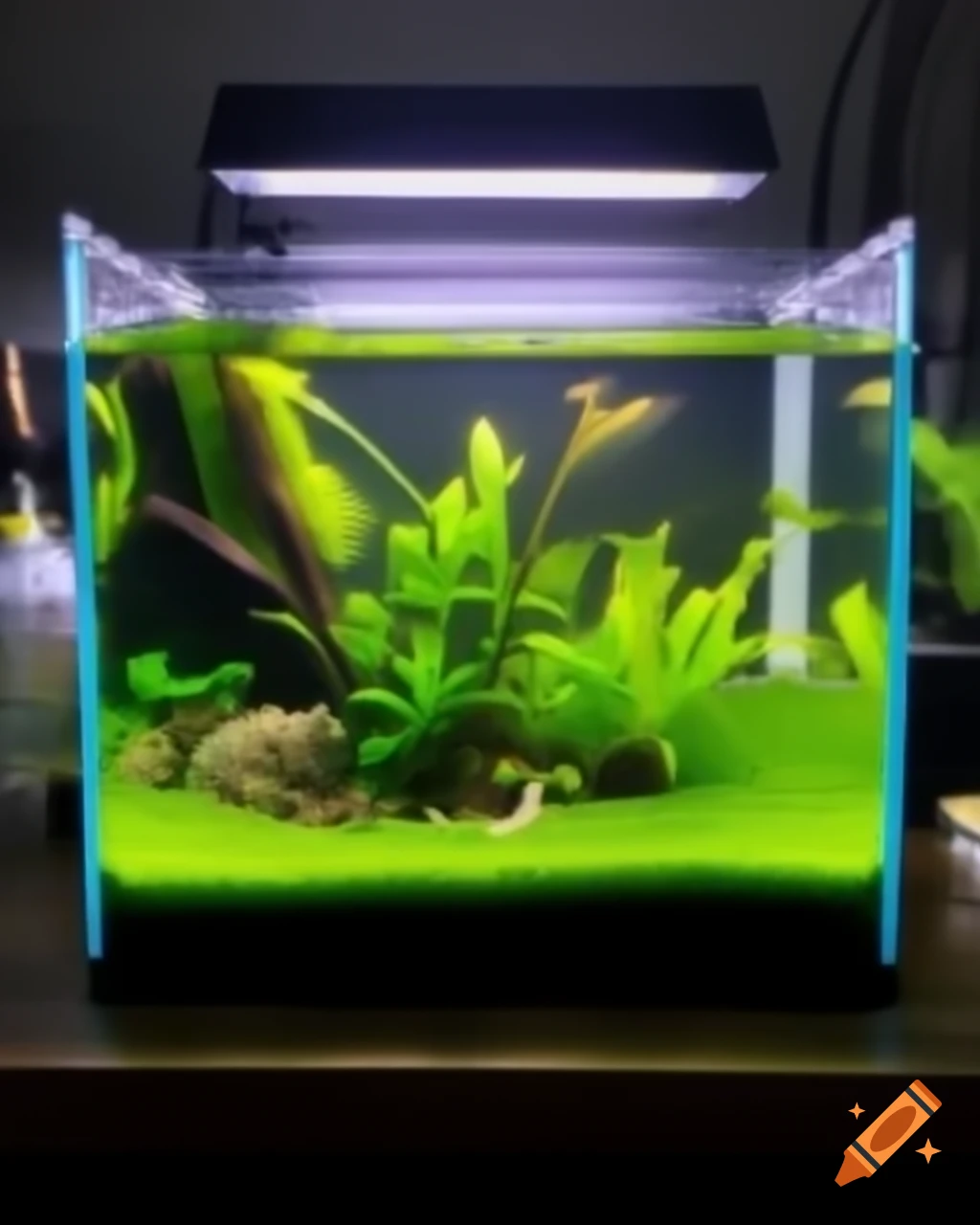 Small planted aquarium with aquatic plants and fish