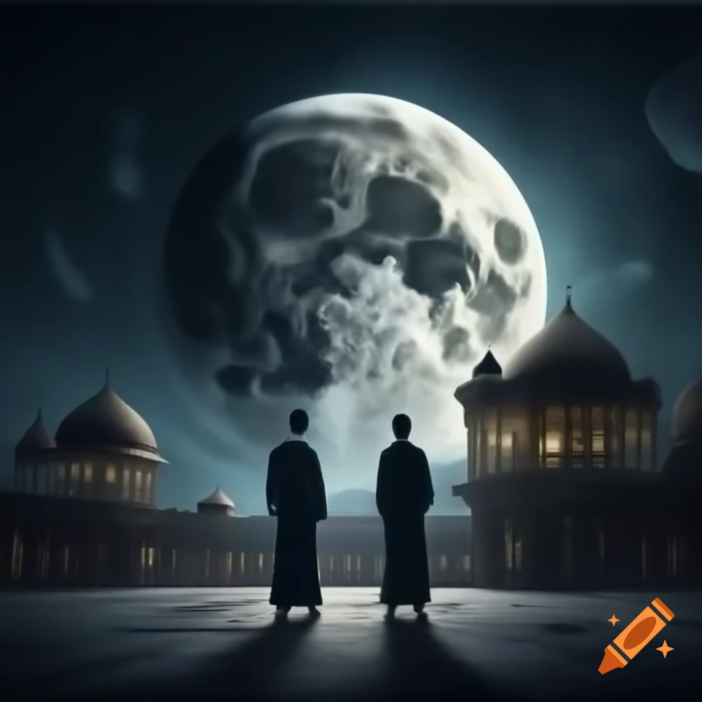 Muslims celebrating and pointing at crescent moon with 'Eid Mubarak' text