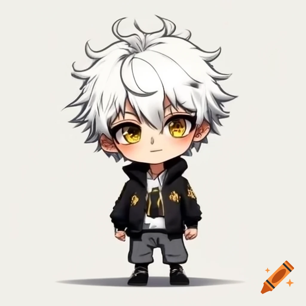 Anime boy with messy white hair and gold eyes wearing a black jacket and grey pants