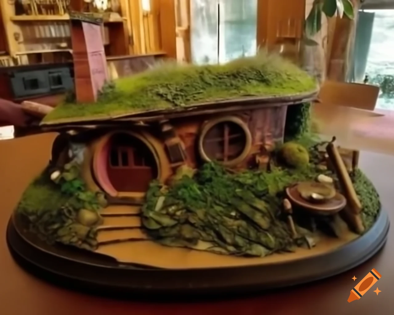 Miniature cardboard diorama of a man building a hobbit house