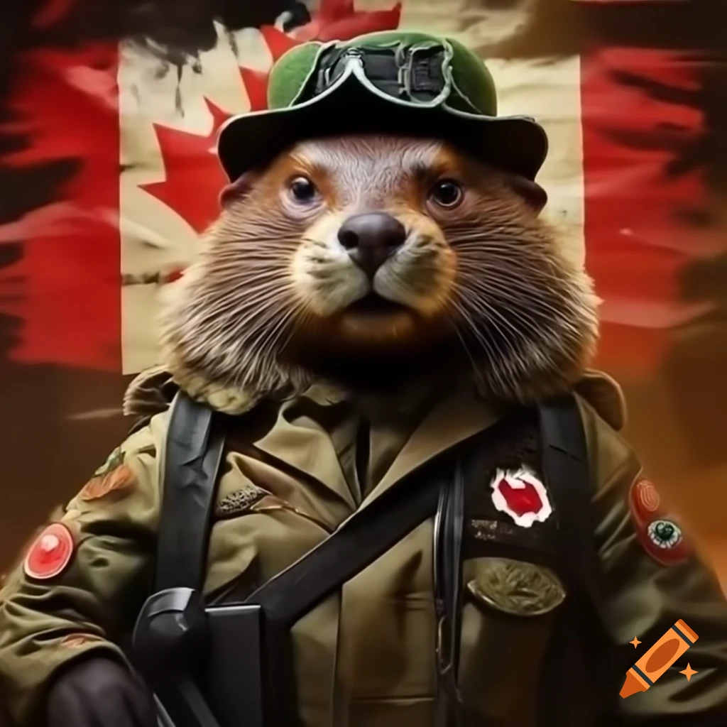 Cartoon beaver in military outfit with Canadian maple leaf flag