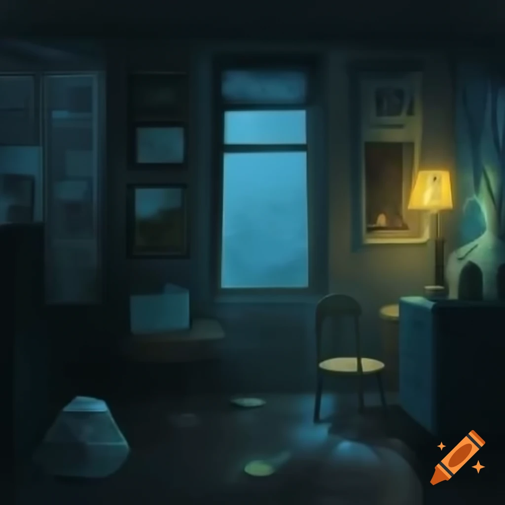 Cozy dimly lit room with vintage decor and rainy street view at night