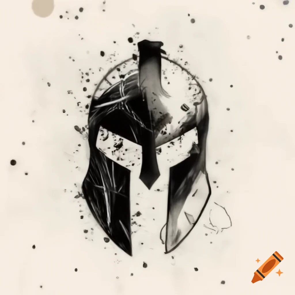 Messy sketched black and white spartan helmet frontal view