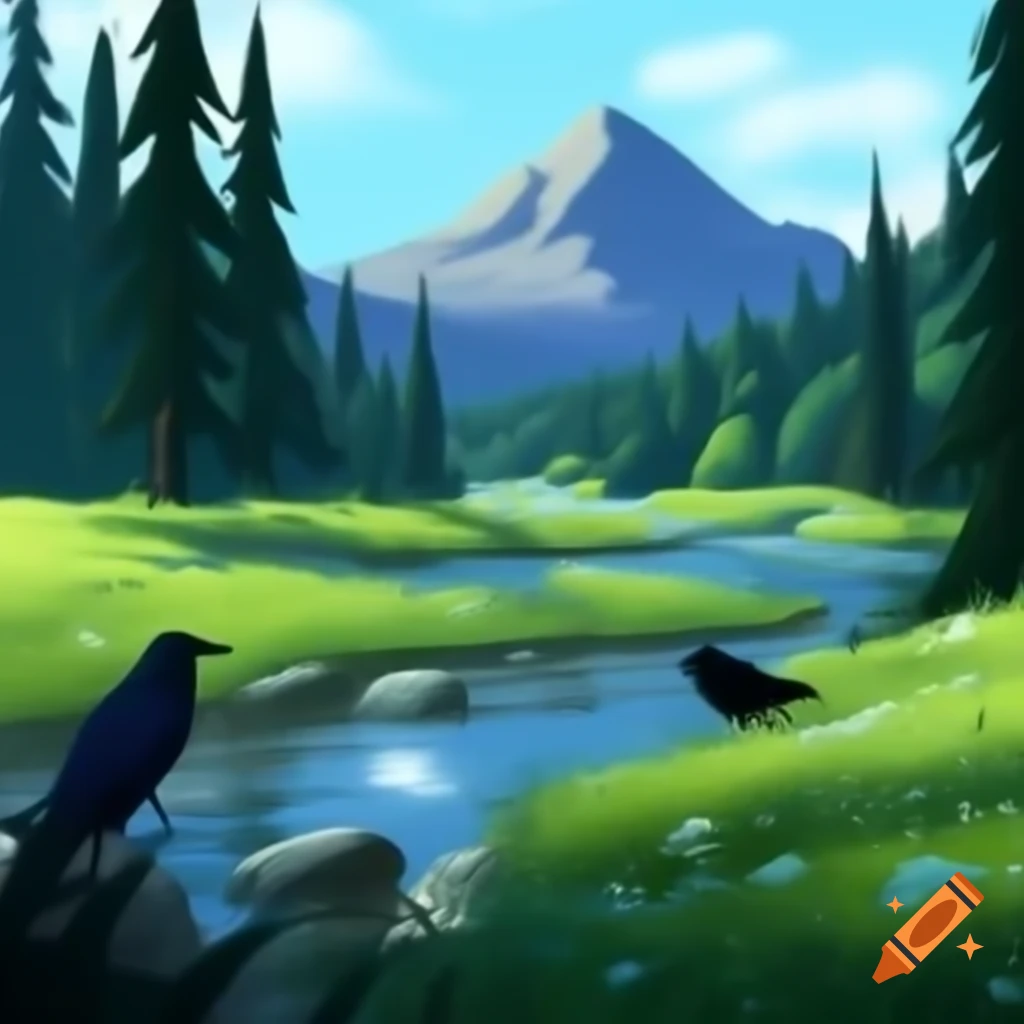 Riverside meadow featuring a raven and a wolf cub