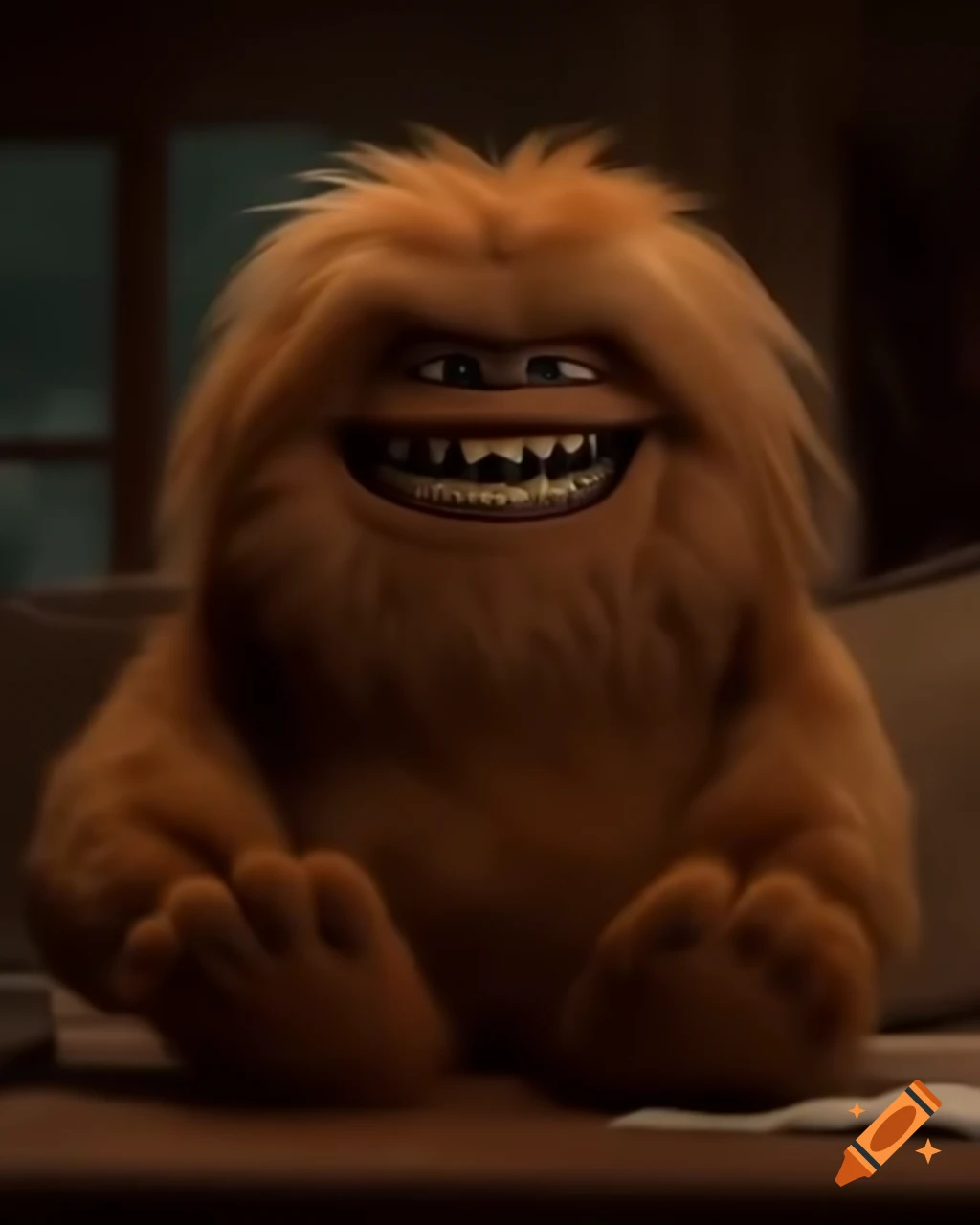Fluffy brown stuffed character with sharp teeth and a big laugh