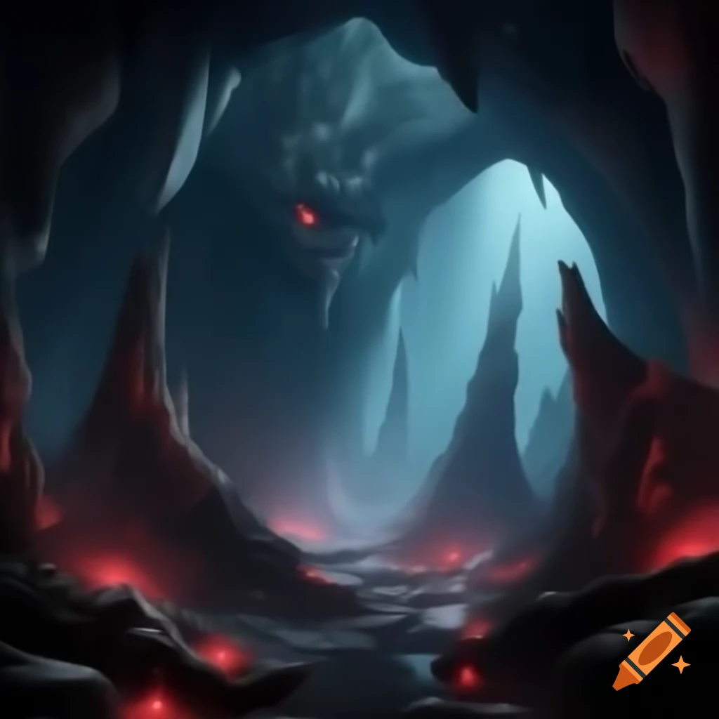 Mysterious stalactite cave with glowing red dragon eyes