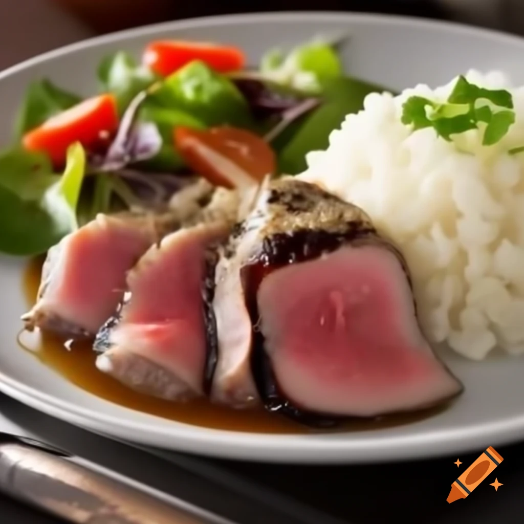Fried tuna served with boiled rice and fresh salad