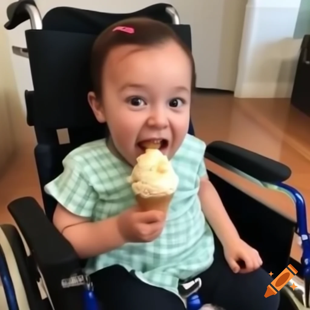 Child with Down syndrome in wheelchair enjoying ice cream