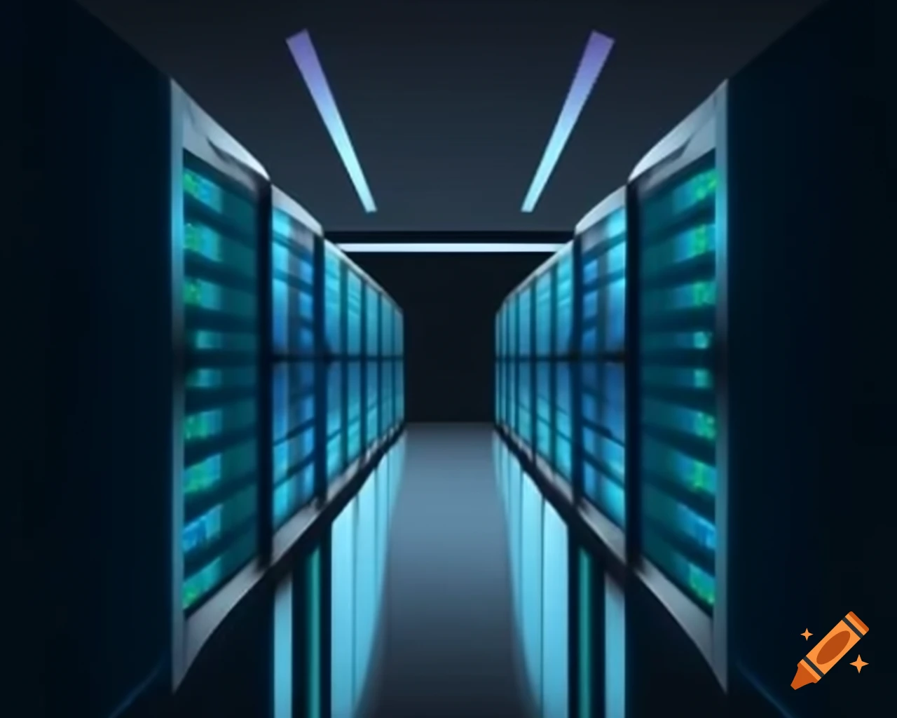 Row of server racks with bright lights in hyper-realistic style