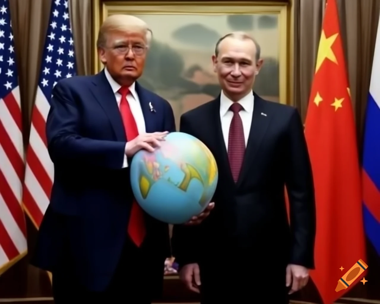 Political leaders Donald Trump, Xi Jinping, and Vladimir Putin with Trump holding a globe