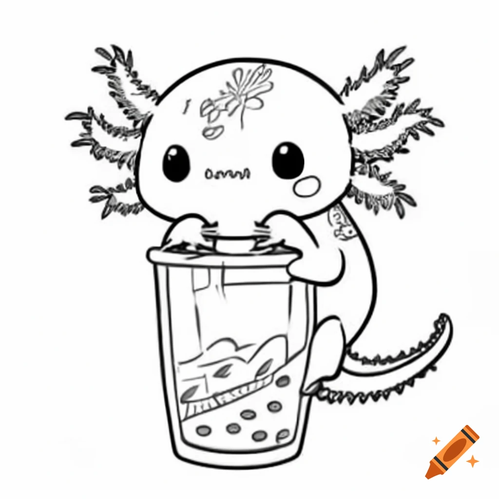 Axolotl holding boba tea coloring page design