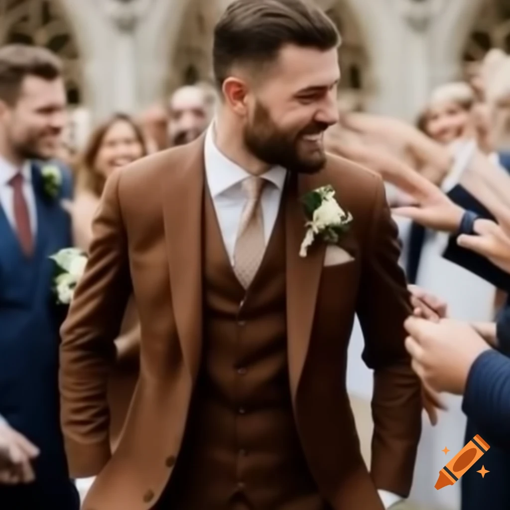 Men's brown wedding suit displayed elegantly