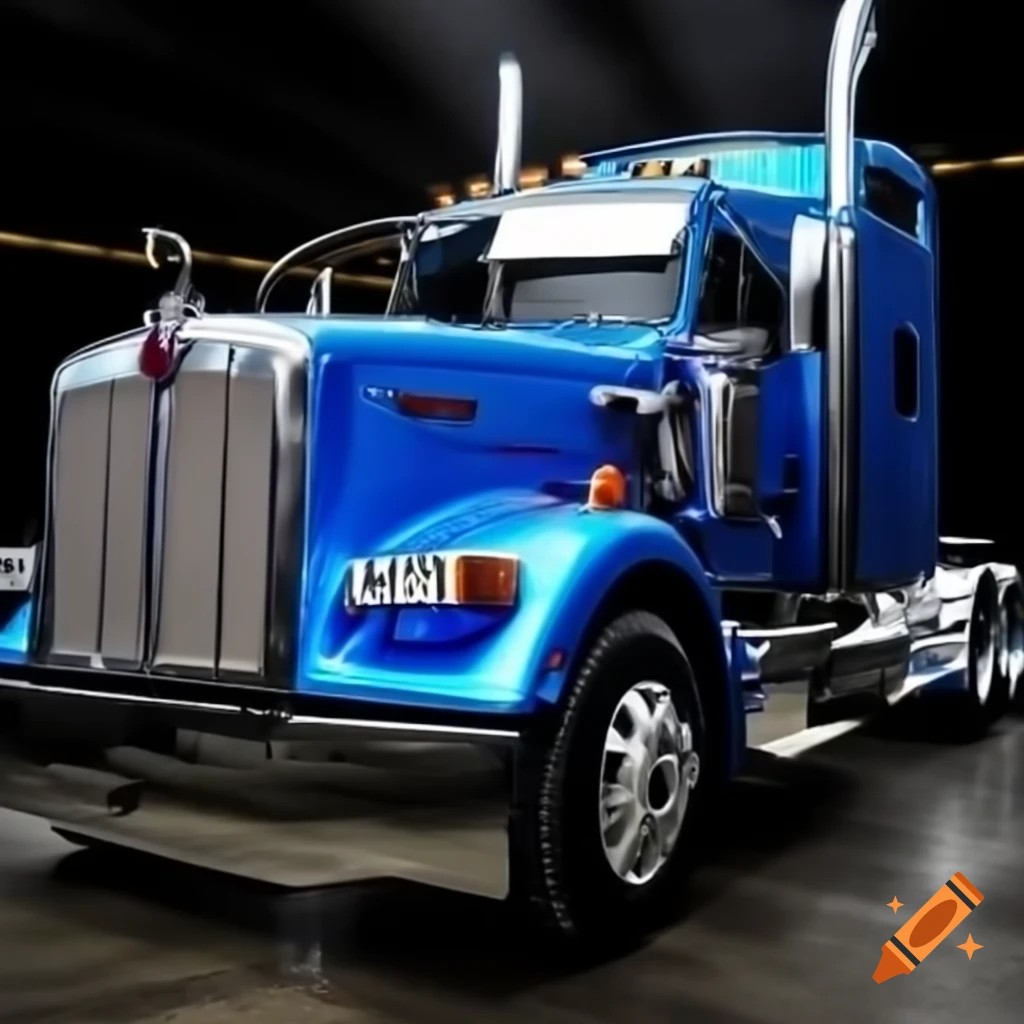 Photo-realistic blue Kenworth truck displayed in showroom