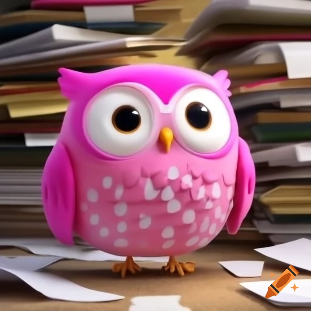 Pink owl surrounded by documents