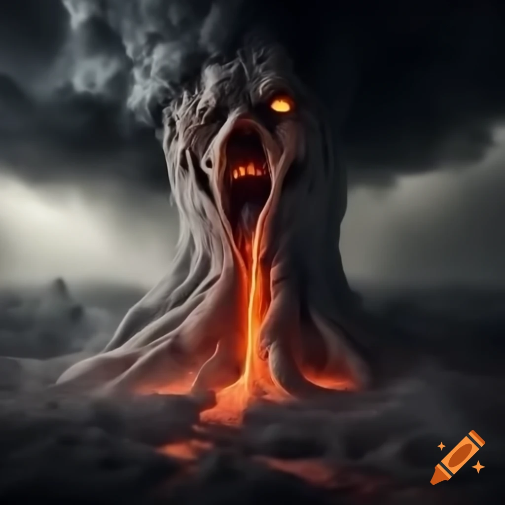 Scary tall tree with molten rock falling in a smoke-filled environment ...