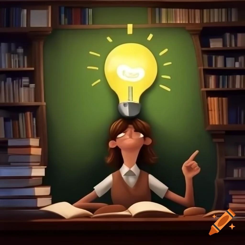 Librarian with light bulb idea, pointing upwards